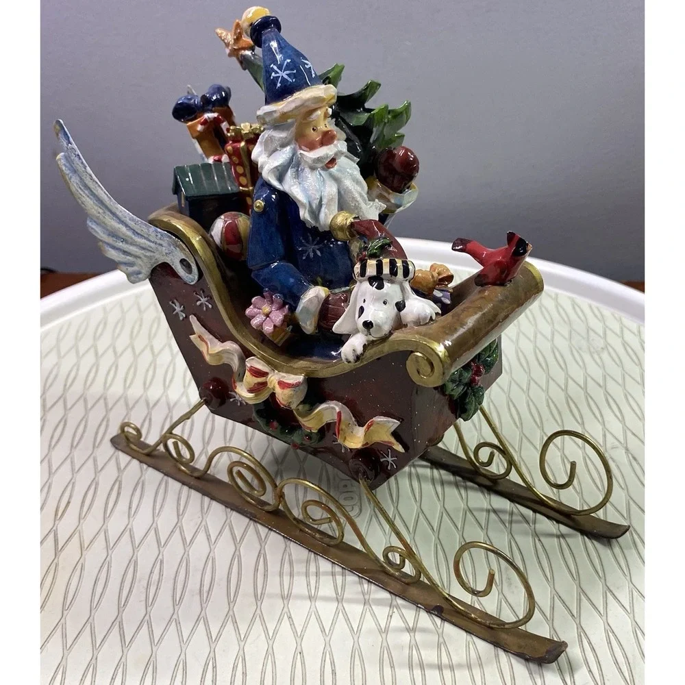 Santa's Red Sleigh Figurine‎ W/Wings-Dog/Cardinal/Presents/Christmas Tree EUC